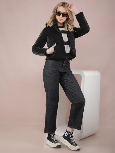 Black Wide Leg 100% Cotton Jeans-Women Jeans-Crimsoune Club