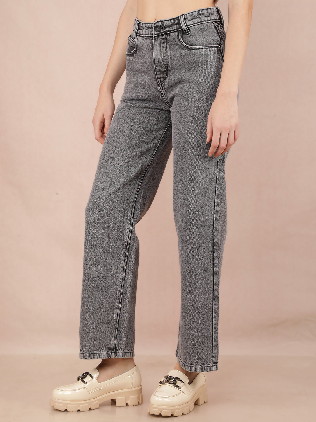 Grey Wide Leg 100% Cotton Jeans-Women Jeans-Crimsoune Club