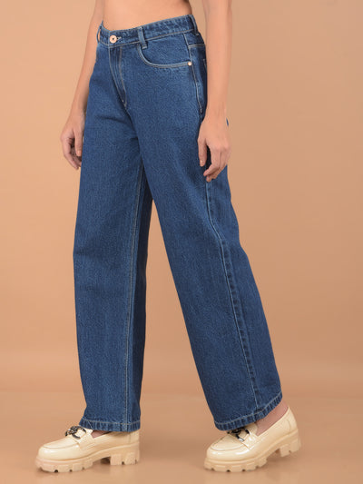 Blue Straight 100% Cotton Jeans-Women Jeans-Crimsoune Club