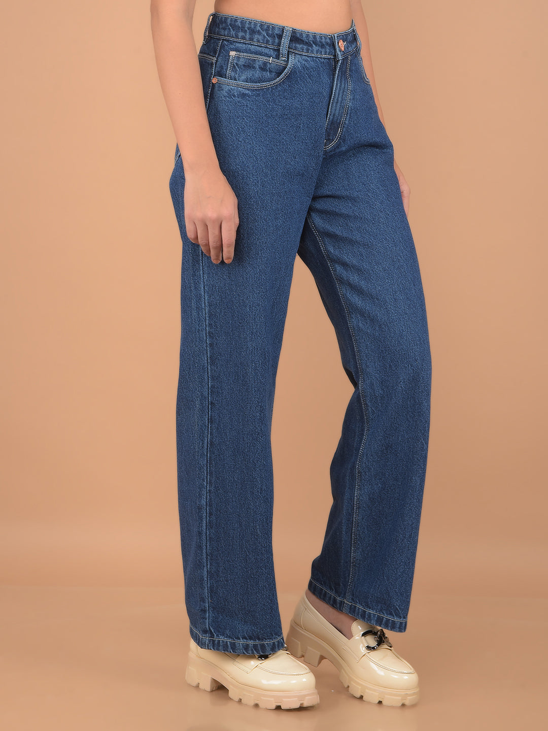 Blue Straight 100% Cotton Jeans-Women Jeans-Crimsoune Club