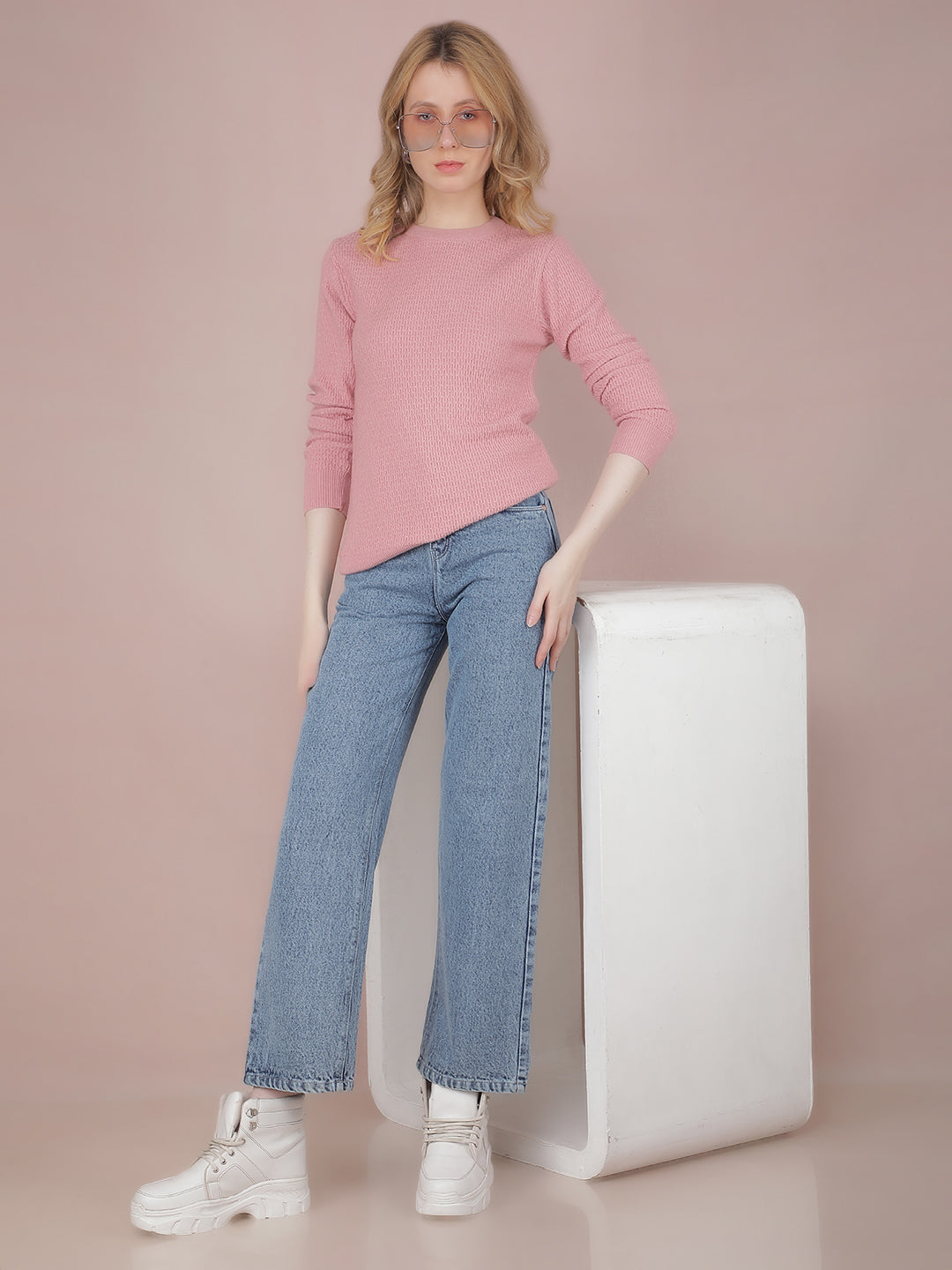 Blue Wide Leg 100% Cotton Jeans-Women Jeans-Crimsoune Club