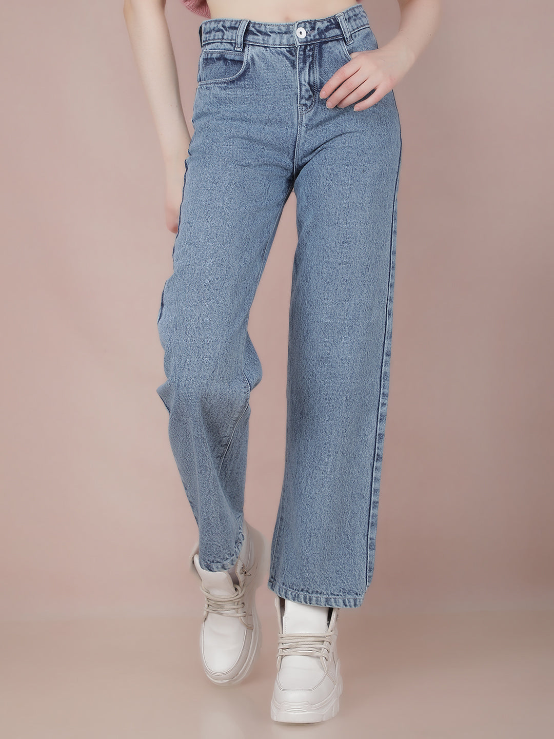 Blue Wide Leg 100% Cotton Jeans-Women Jeans-Crimsoune Club