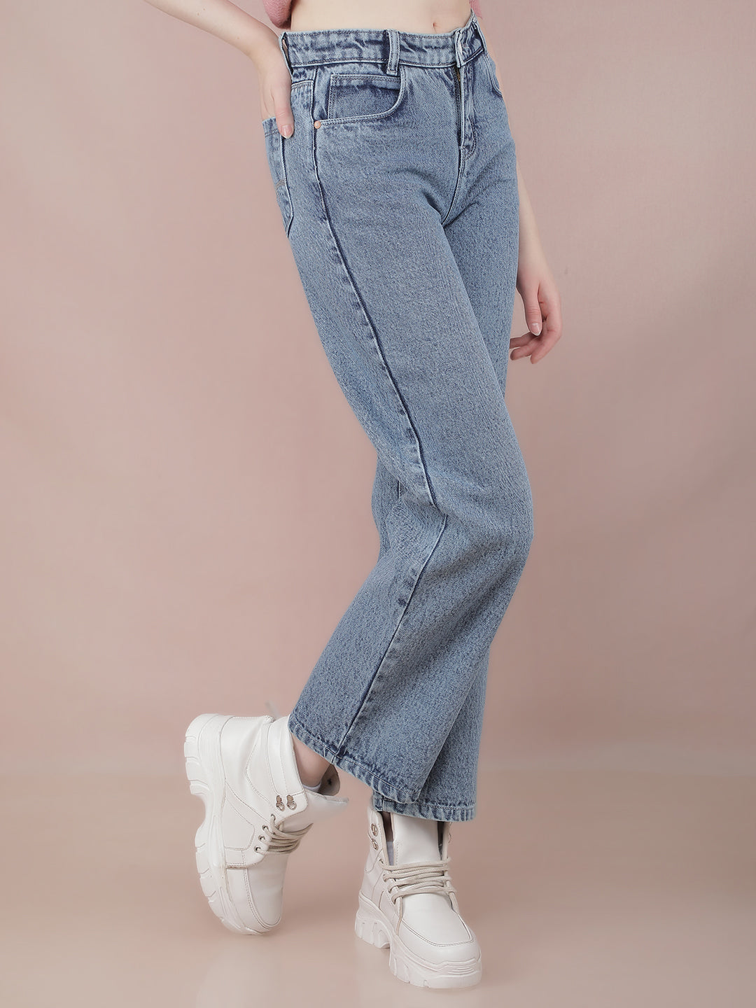 Blue Wide Leg 100% Cotton Jeans-Women Jeans-Crimsoune Club