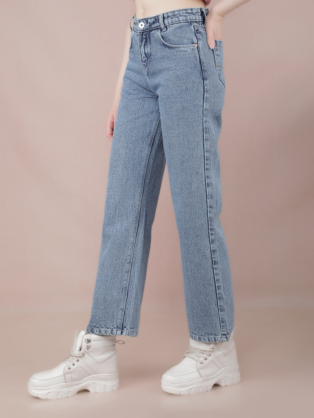 Blue Wide Leg 100% Cotton Jeans-Women Jeans-Crimsoune Club