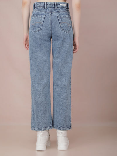 Blue Wide Leg 100% Cotton Jeans-Women Jeans-Crimsoune Club