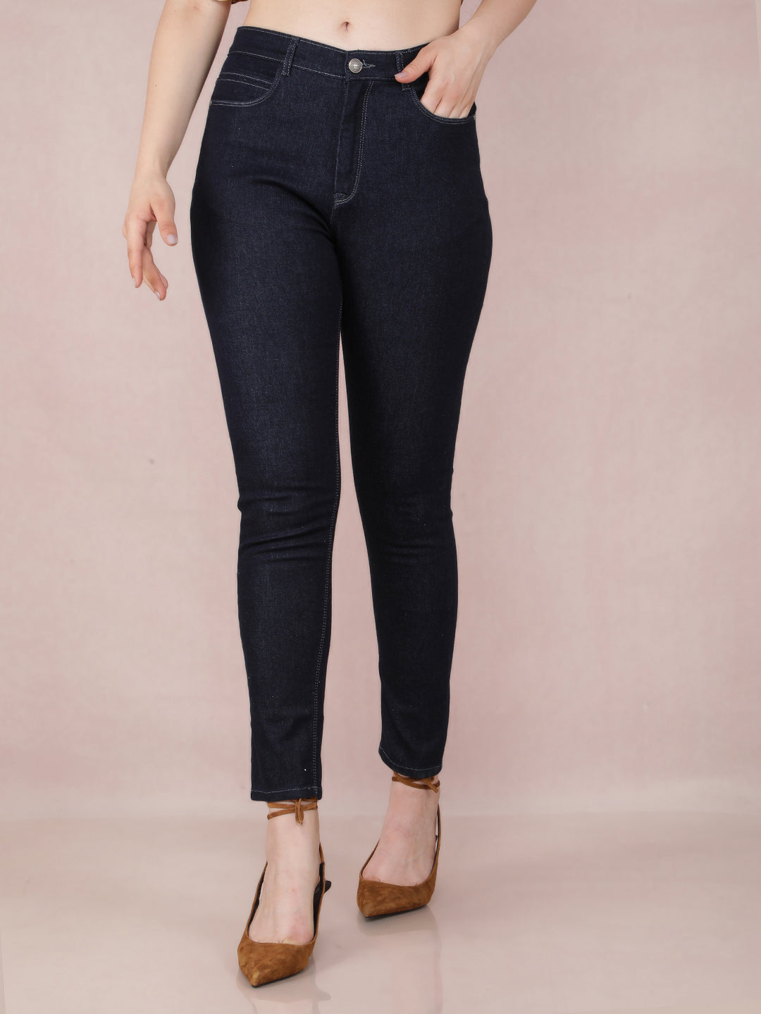 Navy Blue Skinny High Waist Jeans-Women Jeans-Crimsoune Club