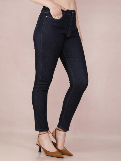 Navy Blue Skinny High Waist Jeans-Women Jeans-Crimsoune Club