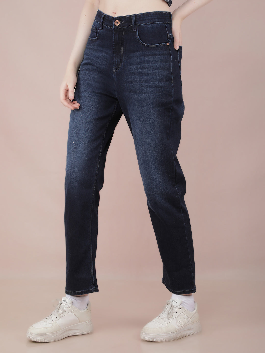 Navy Blue Straight Jeans-Women Jeans-Crimsoune Club