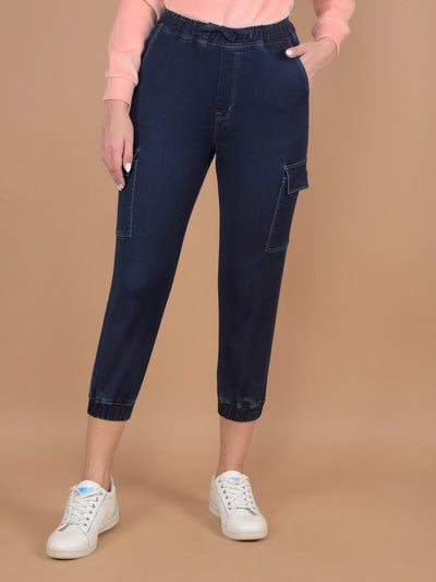 Navy Blue Crop Length Cargo Joggers-Women Jeans-Crimsoune Club