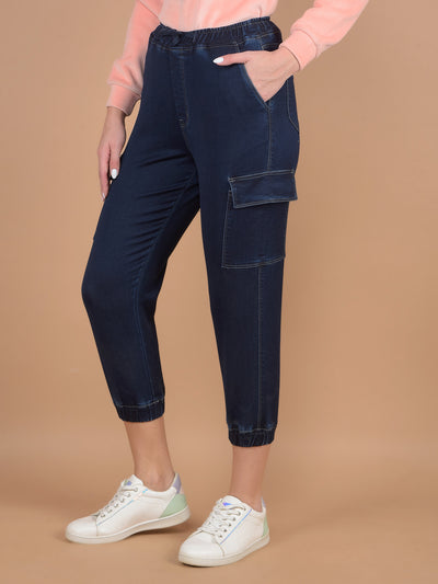 Navy Blue Crop Length Cargo Joggers-Women Jeans-Crimsoune Club