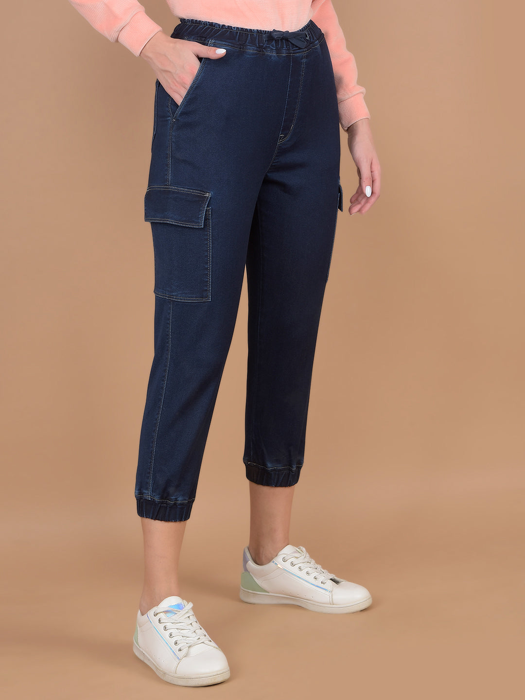 Navy Blue Crop Length Cargo Joggers-Women Jeans-Crimsoune Club