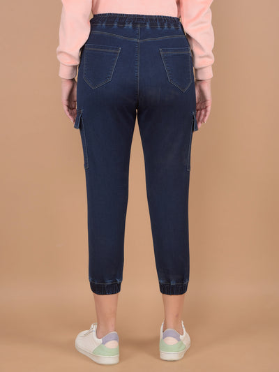 Navy Blue Crop Length Cargo Joggers-Women Jeans-Crimsoune Club