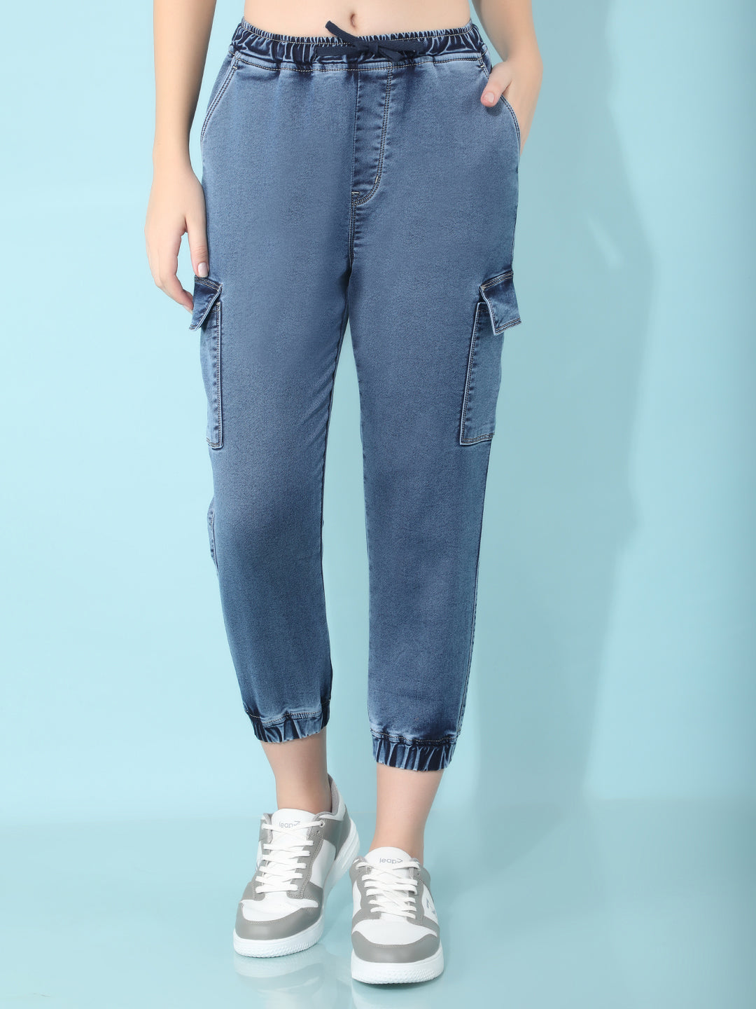 Blue Crop Length Cargo Joggers-Women Joggers-Crimsoune Club