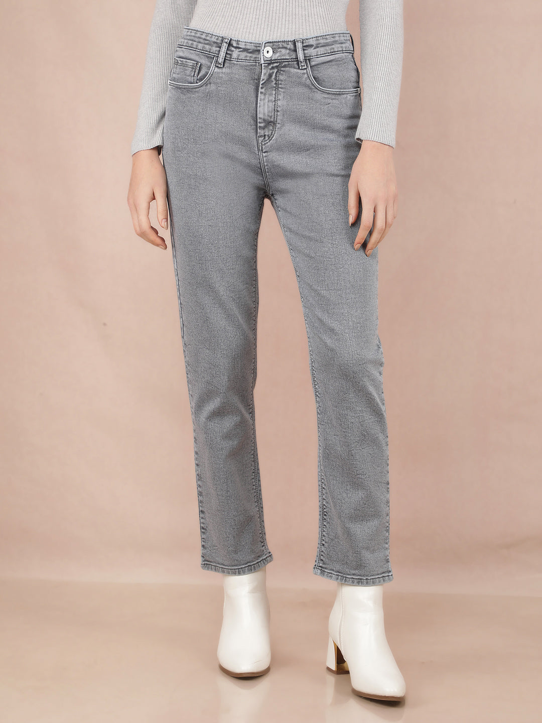 Grey Straight Jeans-Women Jeans-Crimsoune Club