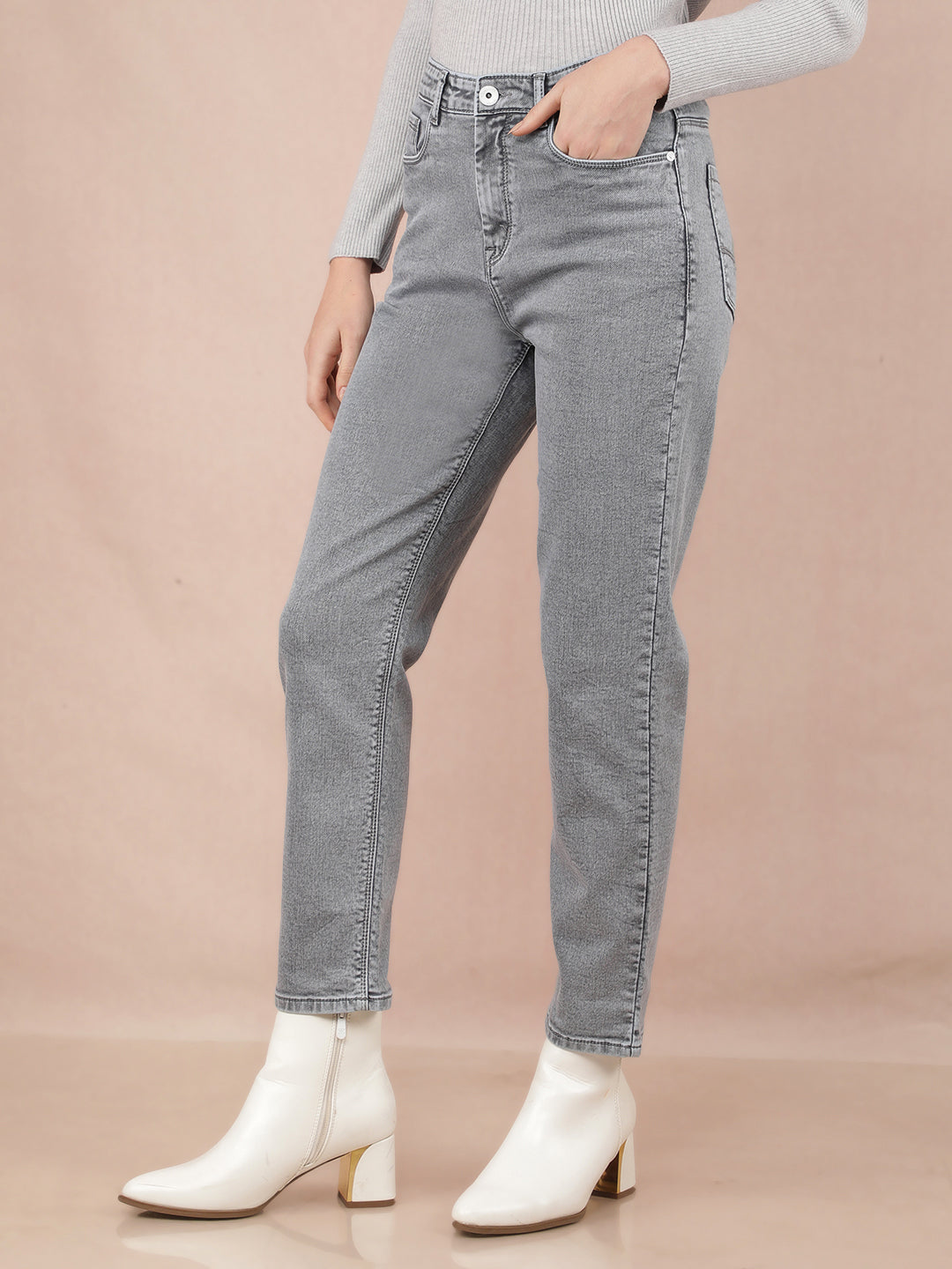 Grey Straight Jeans-Women Jeans-Crimsoune Club