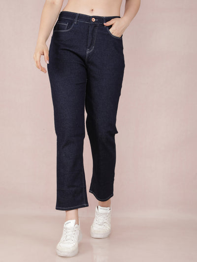 Navy Blue Straight Jeans-Women Jeans-Crimsoune Club