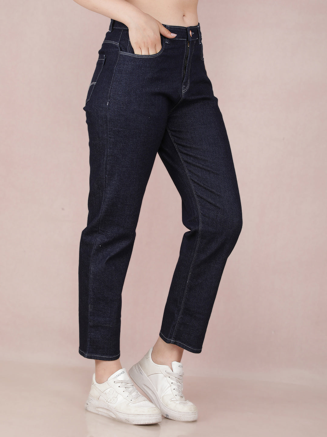 Navy Blue Straight Jeans-Women Jeans-Crimsoune Club