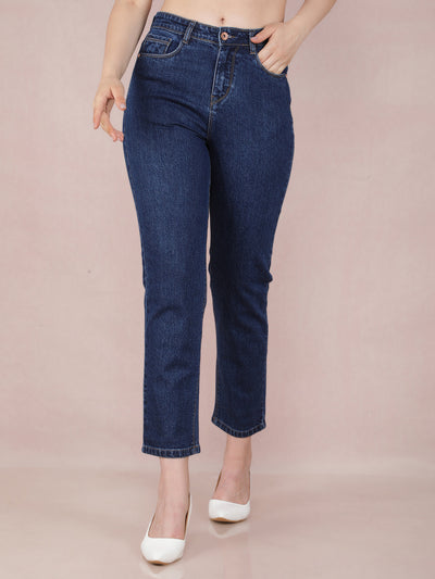 Navy Blue Straight Jeans-Women Jeans-Crimsoune Club