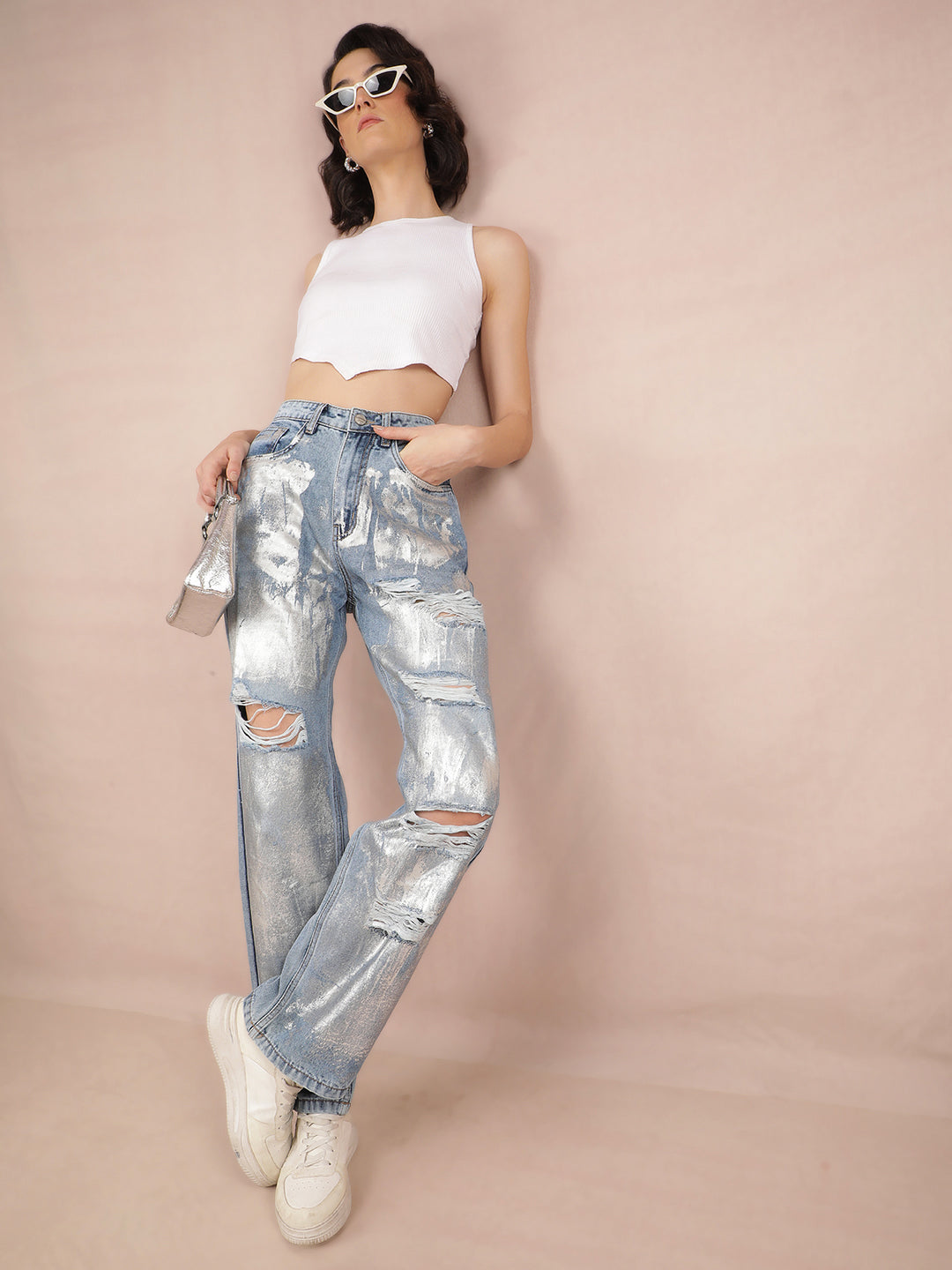 Blue Wide Leg 100% Cotton Jeans-Women Jeans-Crimsoune Club