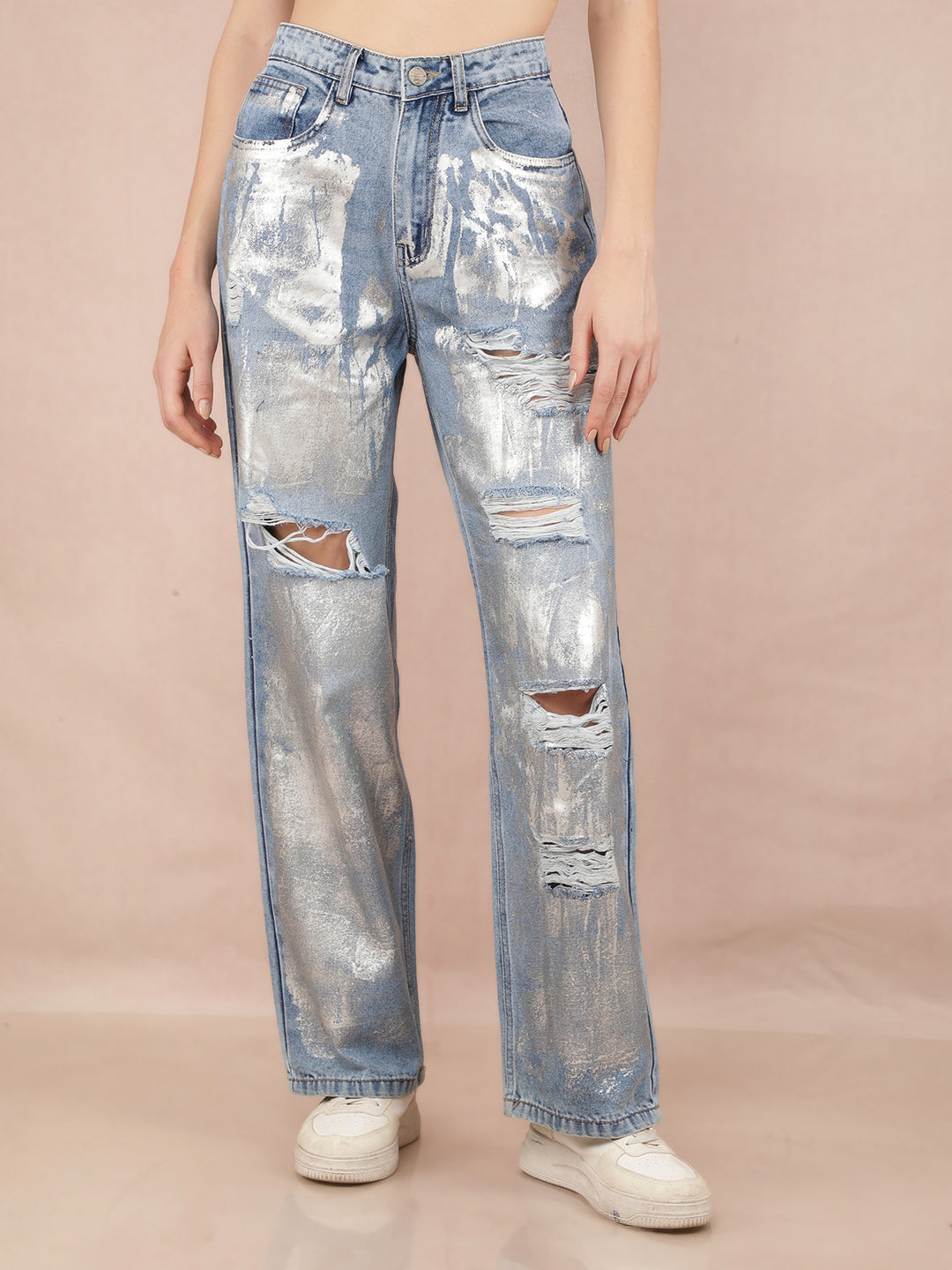 Blue Wide Leg 100% Cotton Jeans-Women Jeans-Crimsoune Club