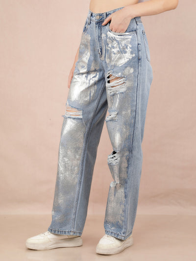 Blue Wide Leg 100% Cotton Jeans-Women Jeans-Crimsoune Club