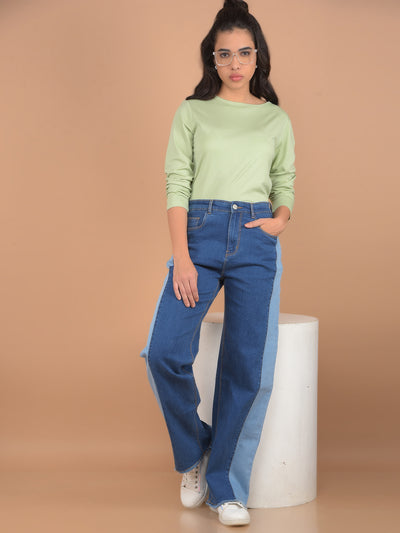 Blue Wide Leg Jeans-Women Jeans-Crimsoune Club