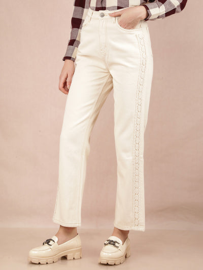 Beige Wide Leg 100% Cotton Jeans-Women Jeans-Crimsoune Club