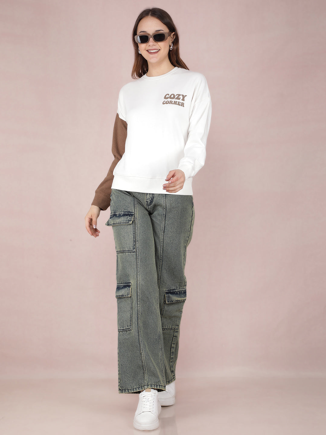 Green Loose Fit 100% Cotton Cargo Jeans-Women Jeans-Crimsoune Club