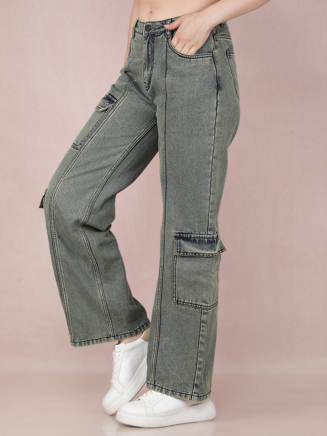 Green Loose Fit 100% Cotton Cargo Jeans-Women Jeans-Crimsoune Club