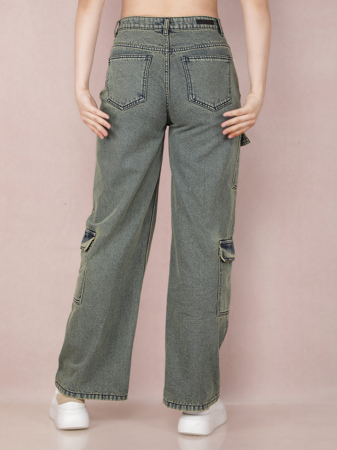 Green Loose Fit 100% Cotton Cargo Jeans-Women Jeans-Crimsoune Club