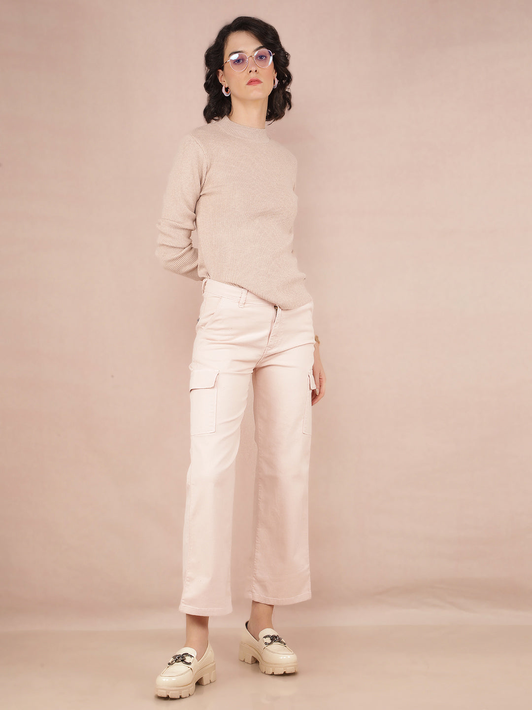 Peach Straight Cargo Jeans-Women Jeans-Crimsoune Club