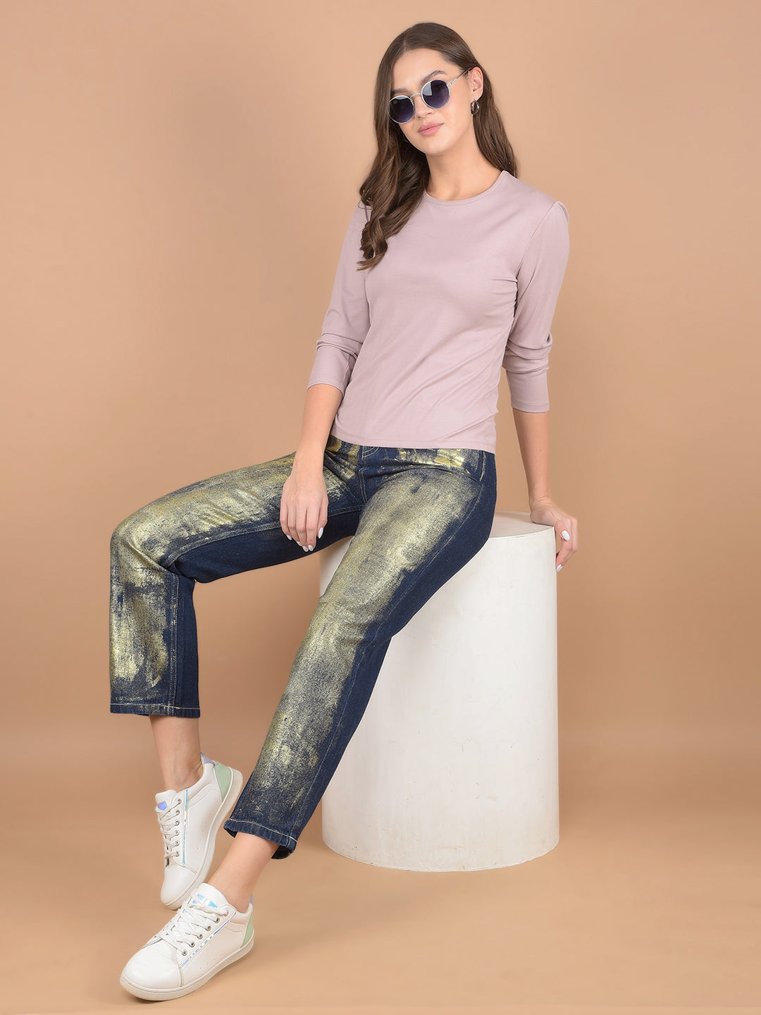 Navy Blue 100% Cotton Jeans-Women Jeans-Crimsoune Club