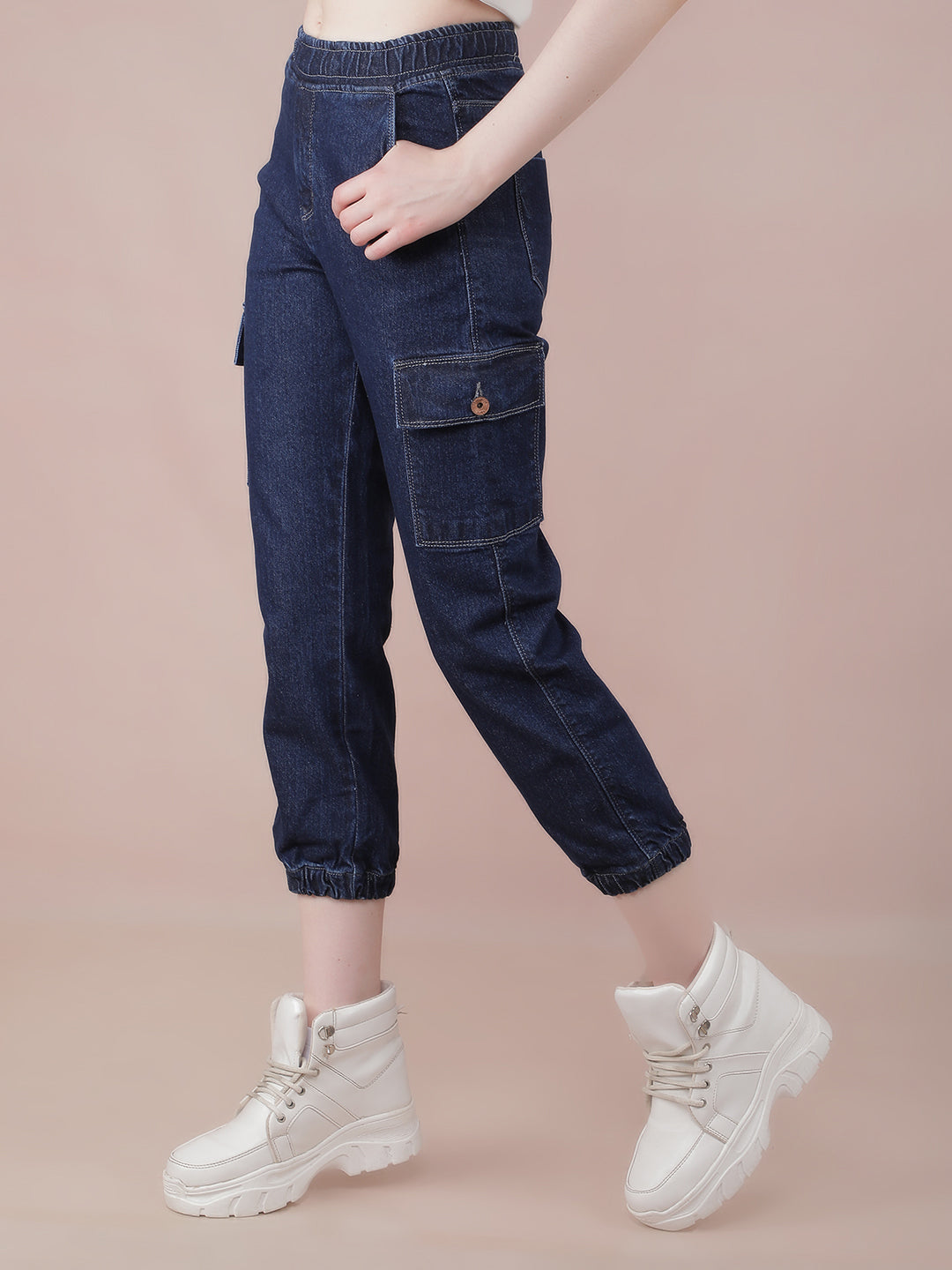 Navy Blue Joggers Jeans-Women Jeans-Crimsoune Club