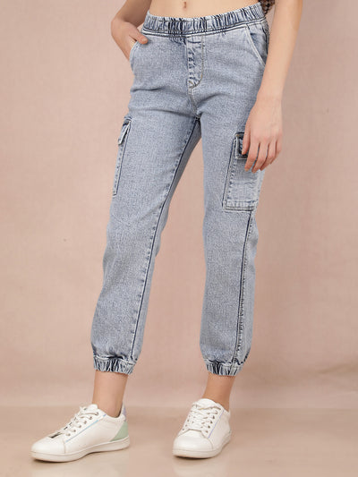 Blue Straight Joggers Jeans-Women Jeans-Crimsoune Club