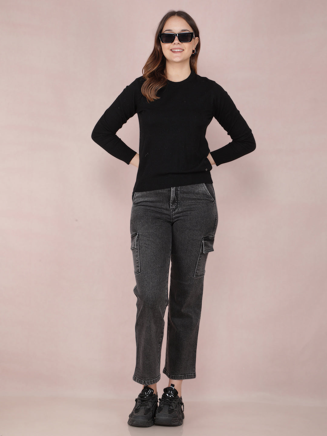 Grey Straight Cargo Jeans-Women Jeans-Crimsoune Club