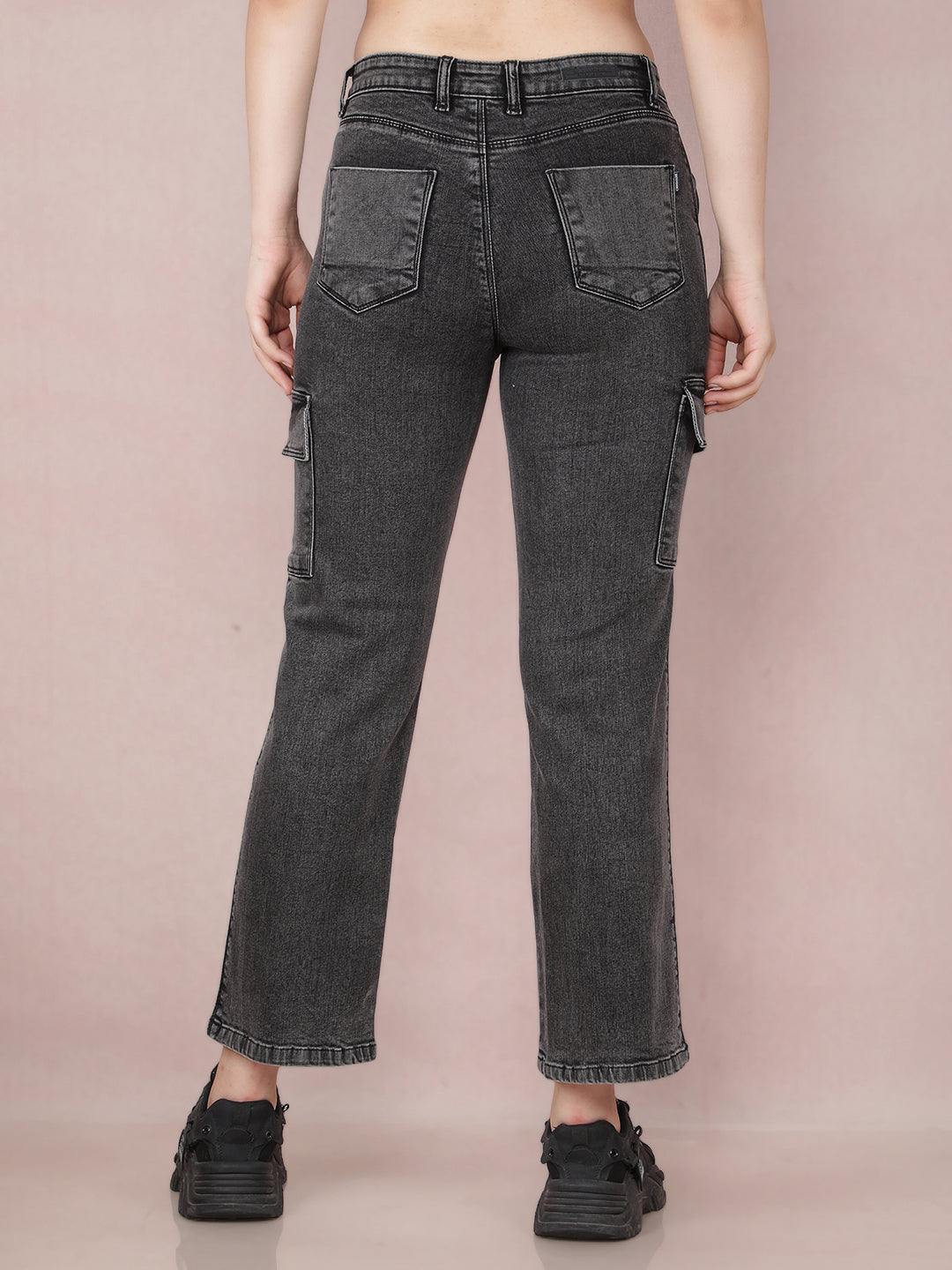 Grey Straight Cargo Jeans-Women Jeans-Crimsoune Club