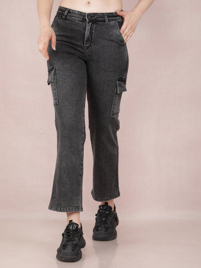 Grey Straight Cargo Jeans-Women Jeans-Crimsoune Club