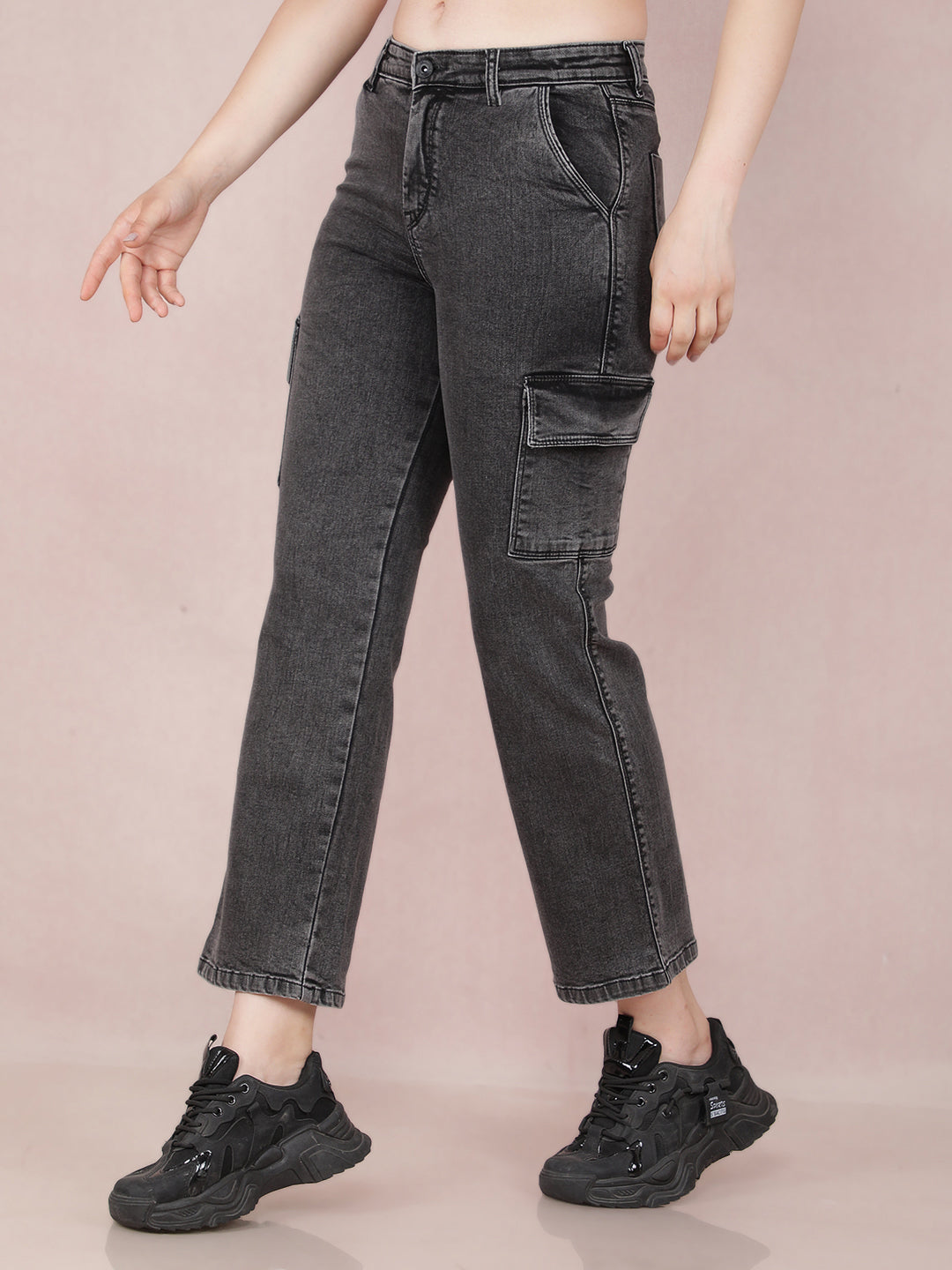 Grey Straight Cargo Jeans-Women Jeans-Crimsoune Club