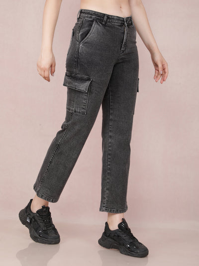 Grey Straight Cargo Jeans-Women Jeans-Crimsoune Club