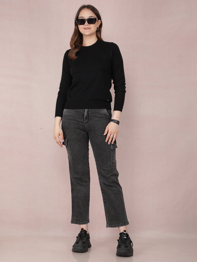 Grey Straight Cargo Jeans-Women Jeans-Crimsoune Club