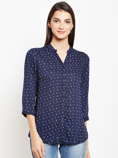 Navy Blue Printed Shirt-Women Shirts-Crimsoune Club