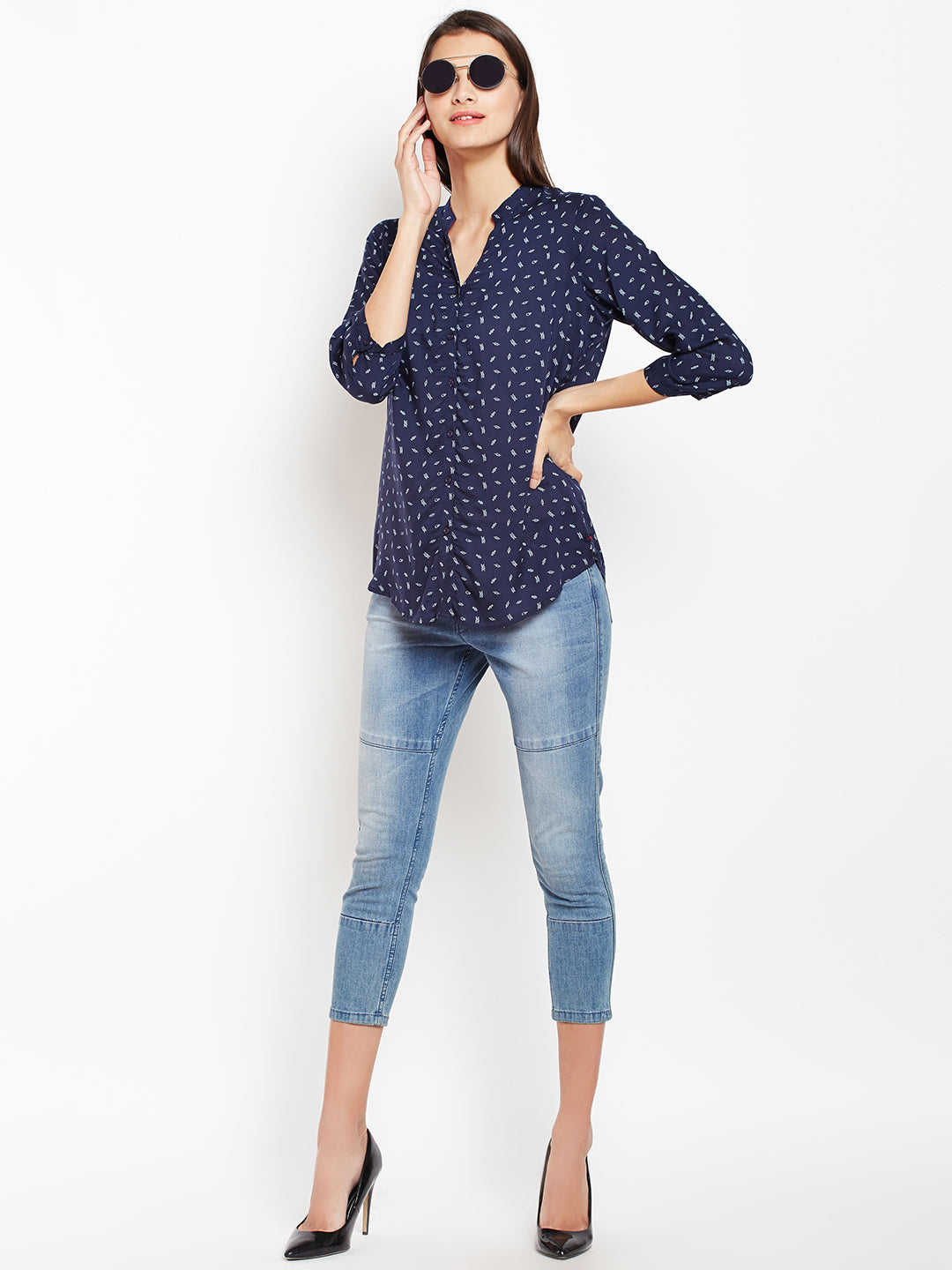 Navy Blue Printed Shirt-Women Shirts-Crimsoune Club