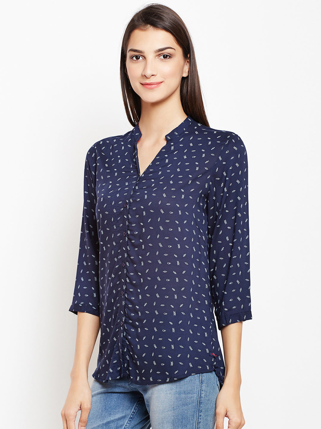 Navy Blue Printed Shirt-Women Shirts-Crimsoune Club