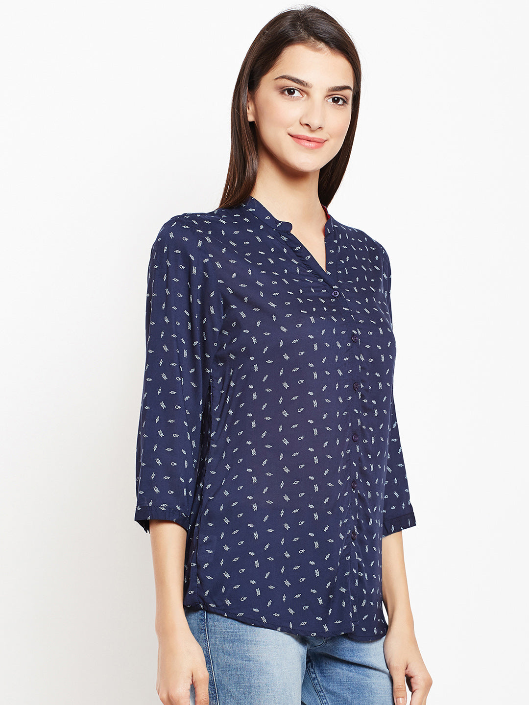 Navy Blue Printed Shirt-Women Shirts-Crimsoune Club