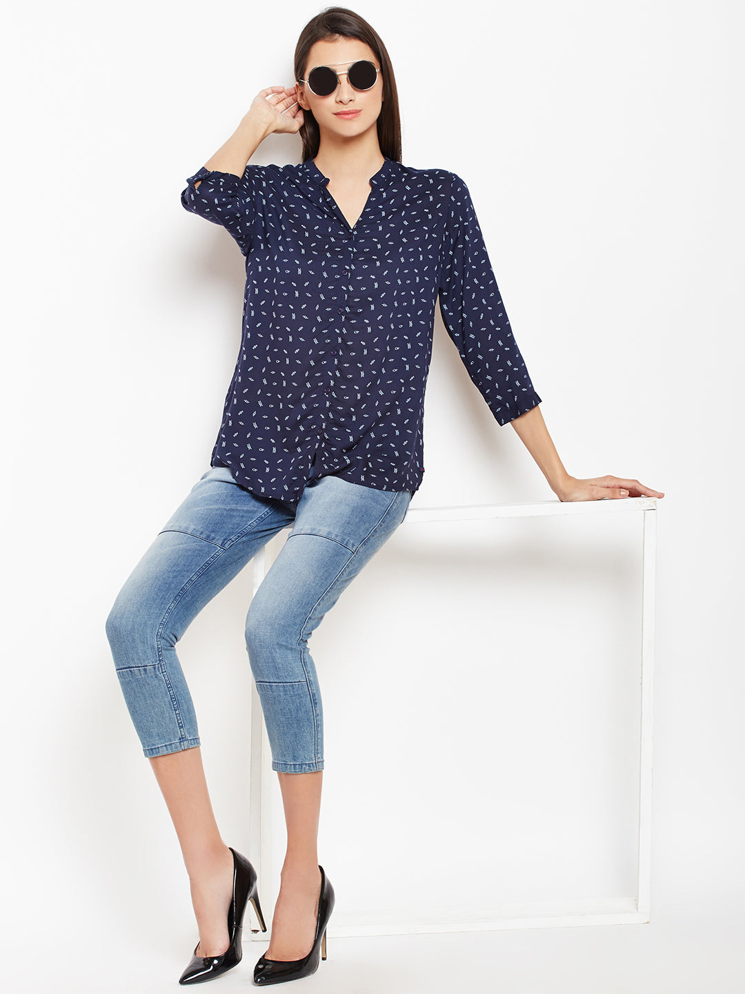 Navy Blue Printed Shirt-Women Shirts-Crimsoune Club