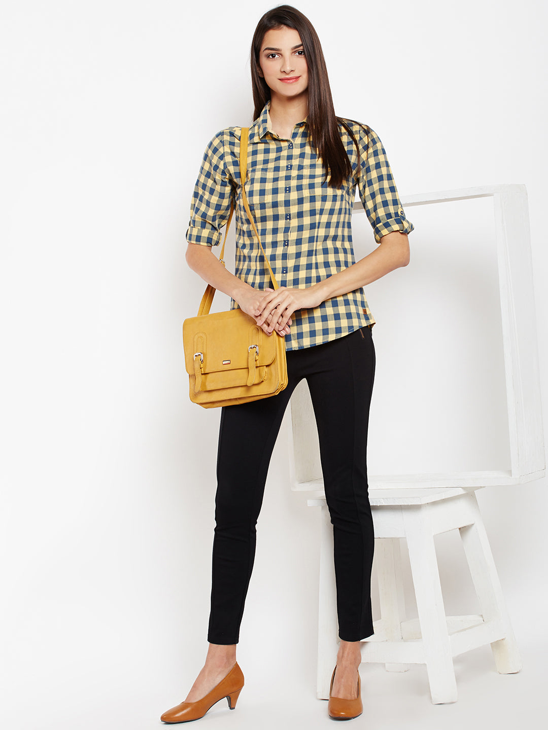 Yellow Gingham Checked Shirt-Women Shirts-Crimsoune Club