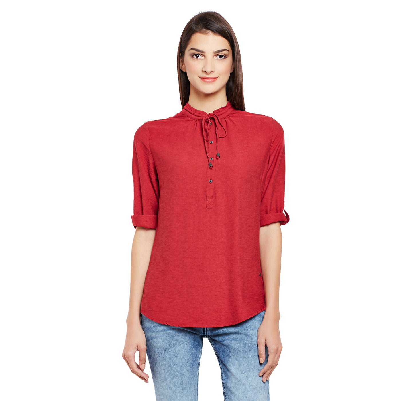 Red Solid Shirt-Women Shirts-Crimsoune Club