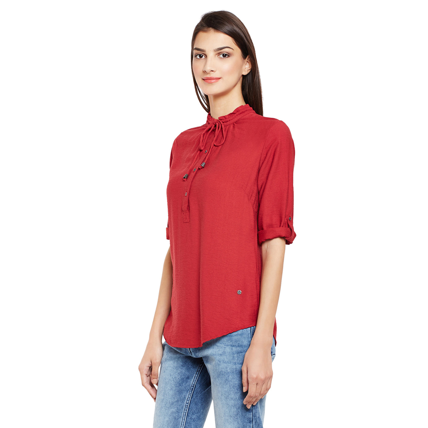 Red Solid Shirt-Women Shirts-Crimsoune Club