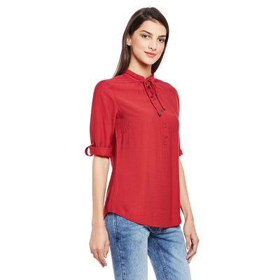 Red Solid Shirt-Women Shirts-Crimsoune Club