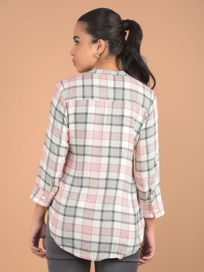 White V-Neck Checked Top-Women Tops-Crimsoune Club